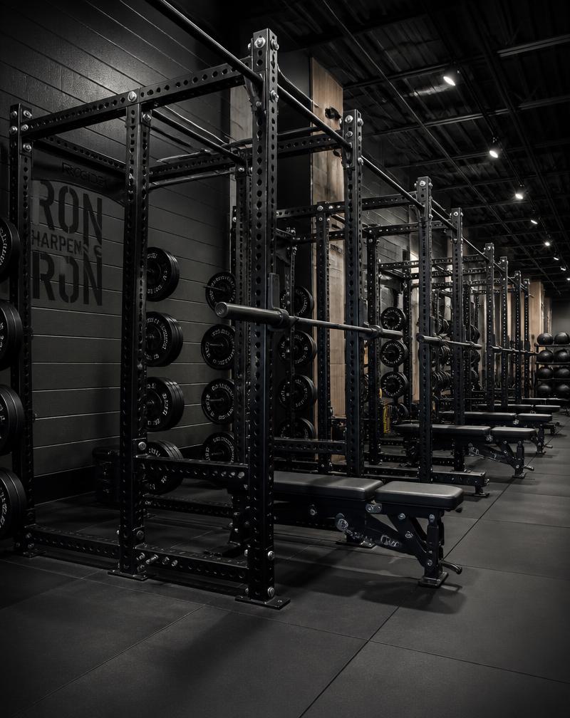 Professional gym installation with heavy steel power racks and high-end equipment