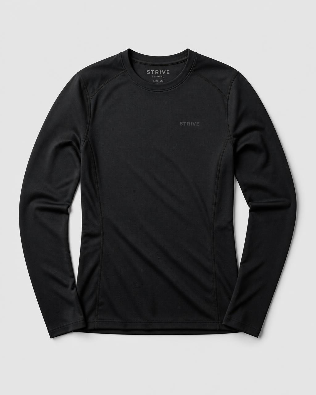 Black Strive long sleeve base layer training top on a grey background