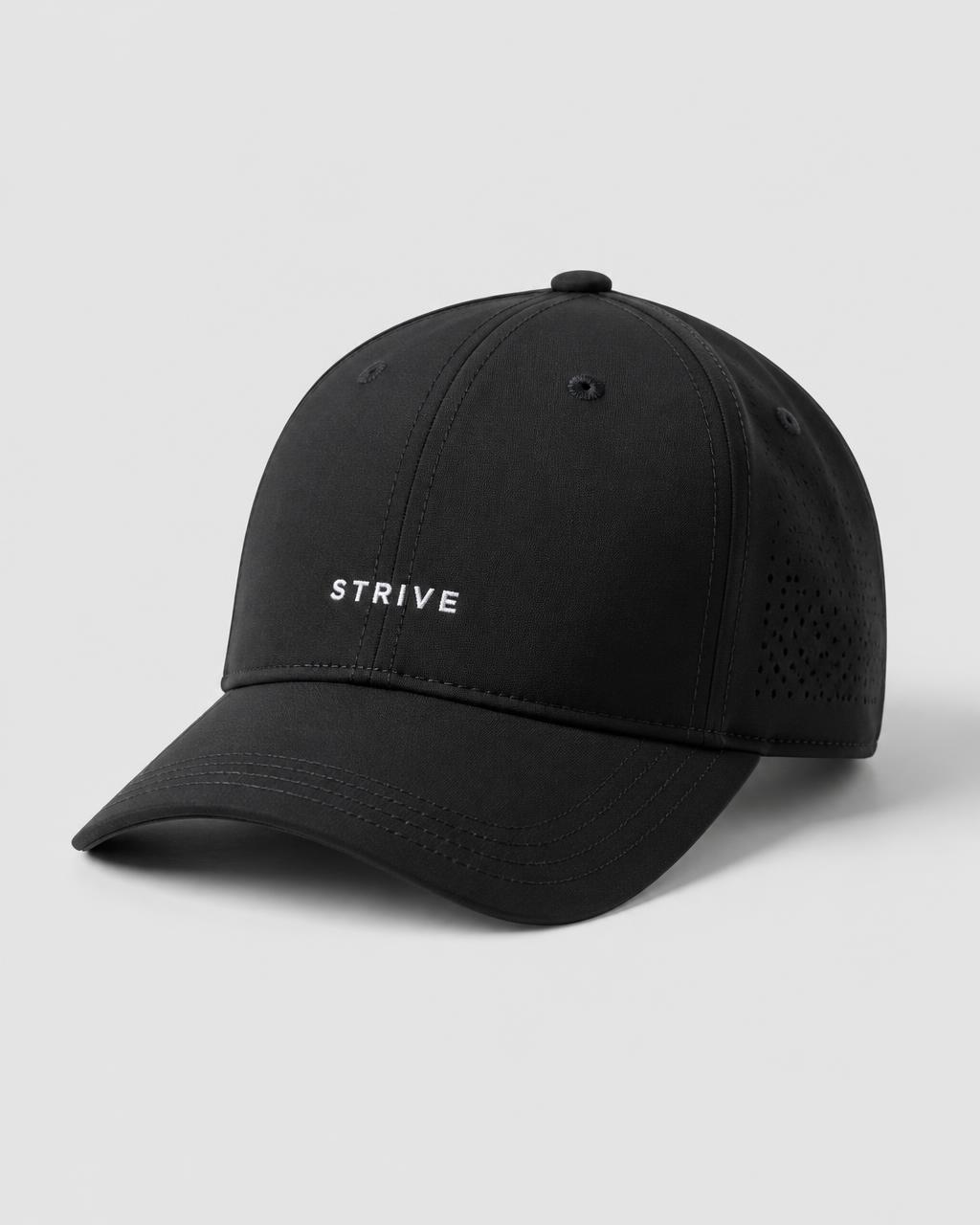 Black Strive six-panel training cap on a grey background